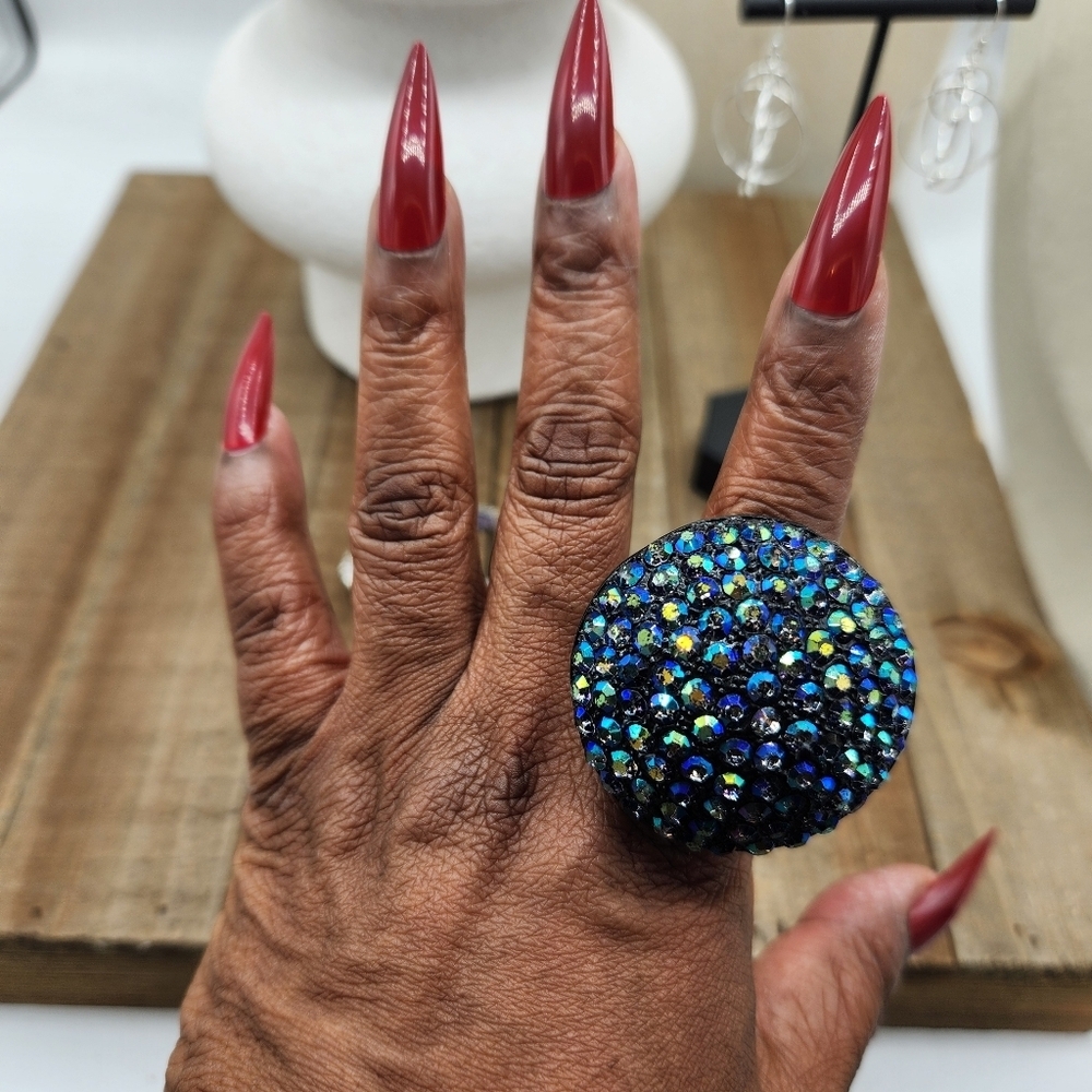 Extra Large Iridescent Blue Crystal Cocktail Statement Ring • Size 9